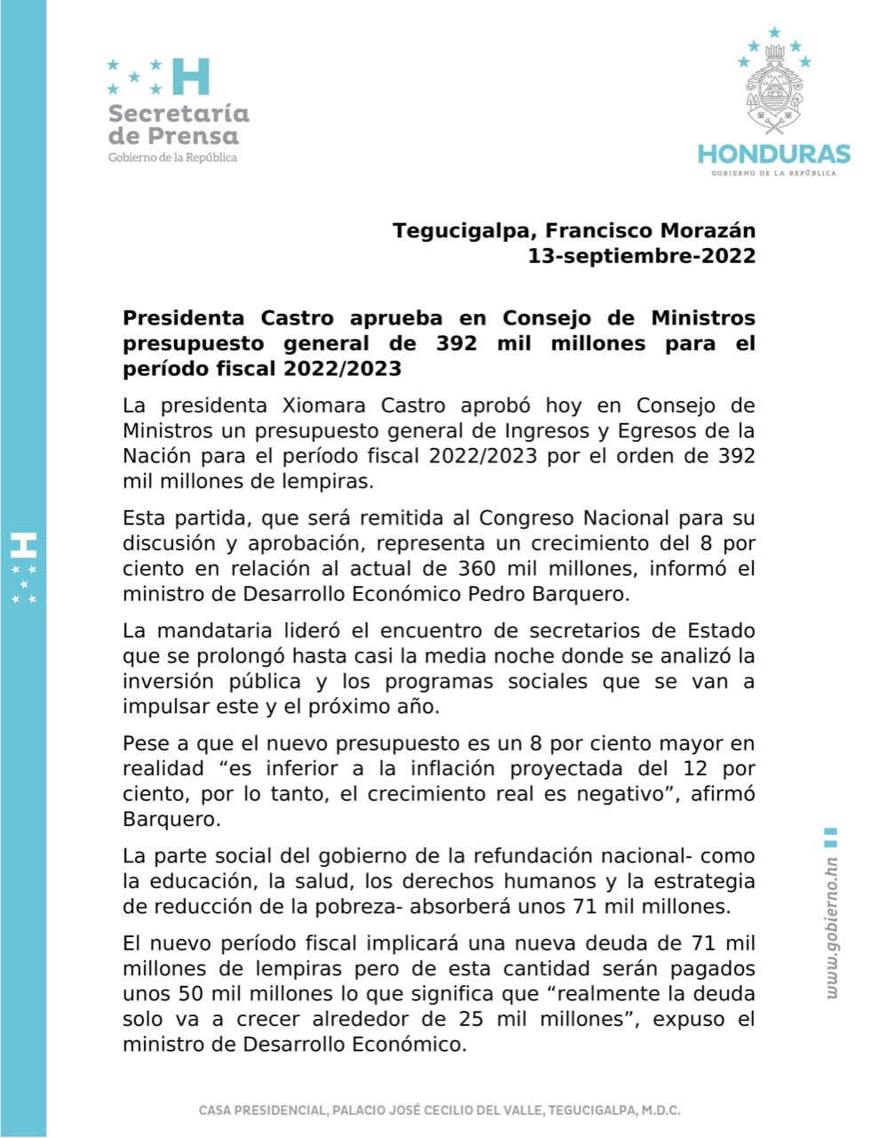 Presidenta Xiomara Castro destaca que Presupuesto General del 2023 prioriza la educación, salud y combate a la pobreza.